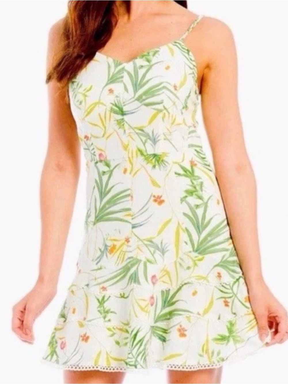 Tropical Leaf Spaghetti-Strap Mini Dress - White & Green